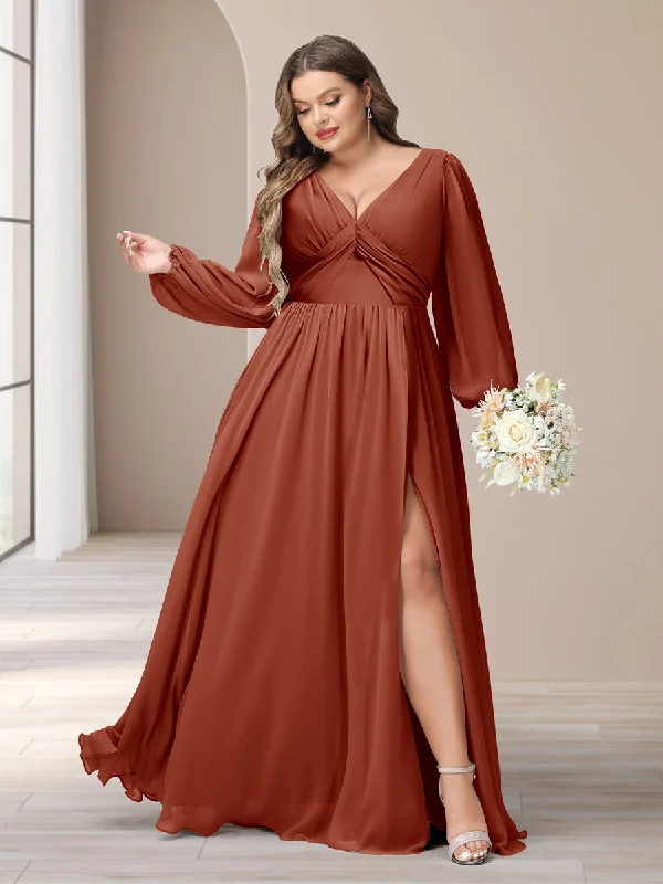 Special Discount A-Line/Princess V-Neck Long Sleeves Chiffon Long Plus Size Bridesmaid Dresses With Split Side