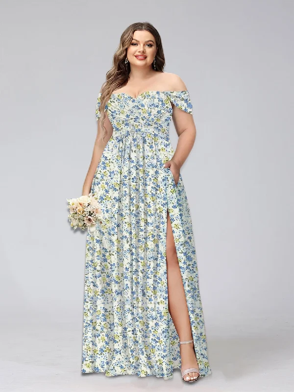 Midnight Madness A-Line/Princess Off-the-Shoulder Short Sleeves Split Side Plus Size Floral Bridesmaid Dresses