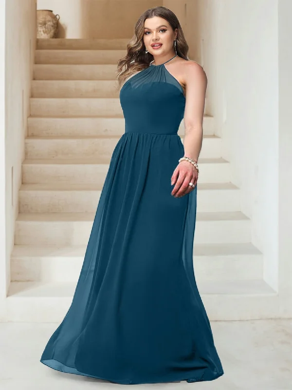 Don't Wait A-Line/Princess Halter Sleeveless Floor-Length Chiffon Ruched Plus Size Bridesmaid Dresses