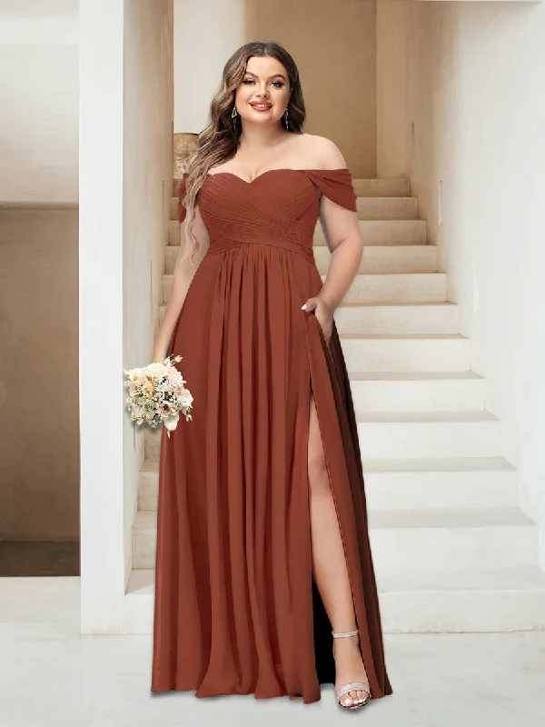 Limited Quantity A-Line/Princess Off-the-Shoulder Sleeveless Chiffon Plus Size Bridesmaid Dresses with Pockets