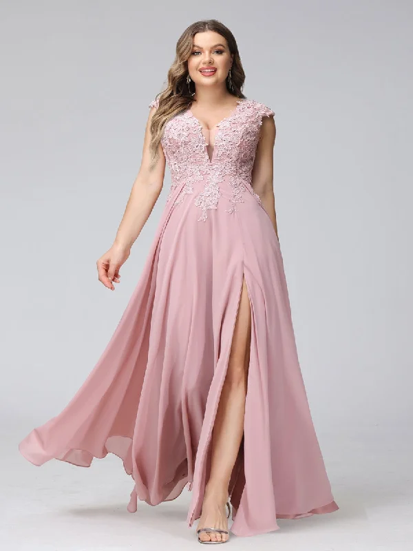 Price Cut A-Line V-Neck Sleeveless Chiffon Long  Plus Size Bridesmaid Dresses With Applique Split Side