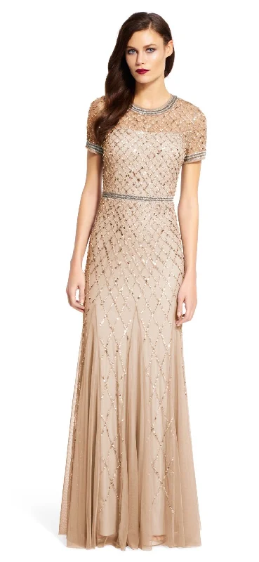 Mega Deal Adrianna Papell Champagne Gold Short Sleeve Beaded Godet Gown