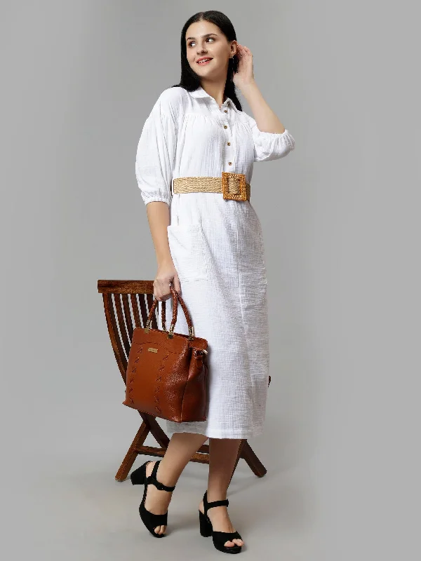 Don't Wait Women's White Solid A-Line Midi Dress - Casual Three-Quarter Sleeves Button Closure