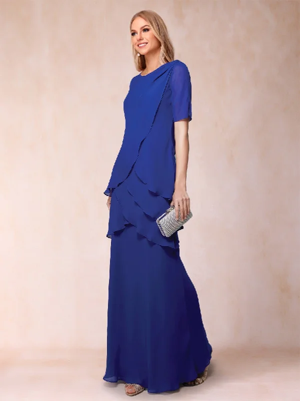 Limited Time Offer Sheath/Column Scoop Short Sleeves Chiffon Mother of the Bride Dresses with Ruffles