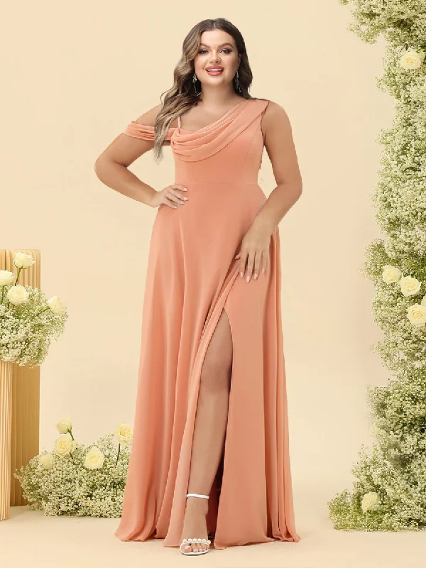 Final Sale A-Line/Princess Cowl Neck Floor-Length Chiffon Long Plus Size Bridesmaid Dresses with Split Side
