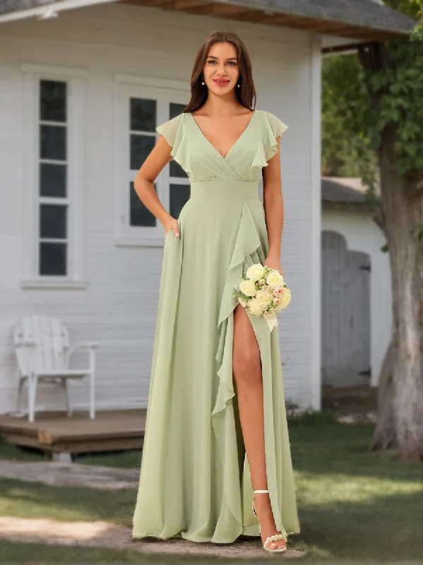 Holiday Sale A-Line/Princess Chiffon V-Neck Long Bridesmaid Dresses with Ruffles
