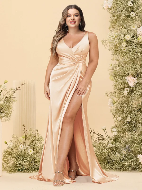 Limited Availability Sheath/Column V-Neck Long Formal Plus Size Dresses with Split Side & Ruched