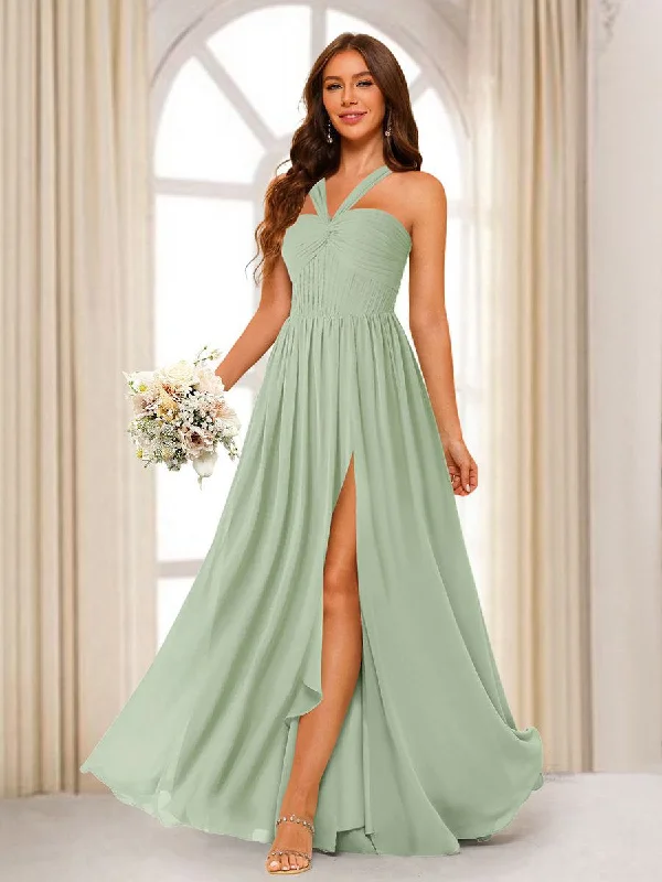 While Supplies Last A-Line/Princess Halter Long Bridesmaid Dresses with Split Side