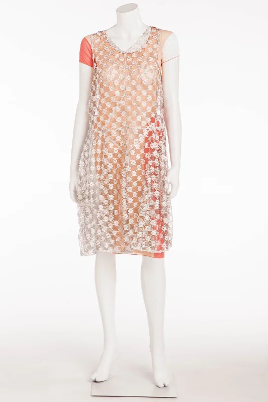 Weekend Special Missoni - Peach, White, Coral Dress with Embellished Gray Overlay -IT 42 Weekend Special Missoni - Peach, White, Coral Dress with Embellished Gray Overlay -IT 42