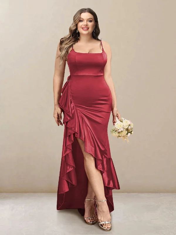 Unbeatable Prices Sheath/Column Scoop Straps Ruffled Long Plus Size Bridesmaid Dresses with Split Side
