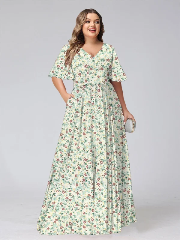 Weekend Special A-Line/Princess V-Neck Short Sleeves Ruched Plus Size Floral Bridesmaid Dresses