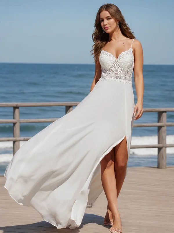 Daily Deals A-Line/Princess V-Neck Lace Chiffon Split Side Wedding Dresses