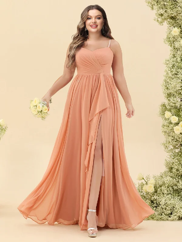 Instant Discount A-Line/Princess Floor-Length Spaghetti Straps Ruffles Plus Size Bridesmaid Dresses With Split Side