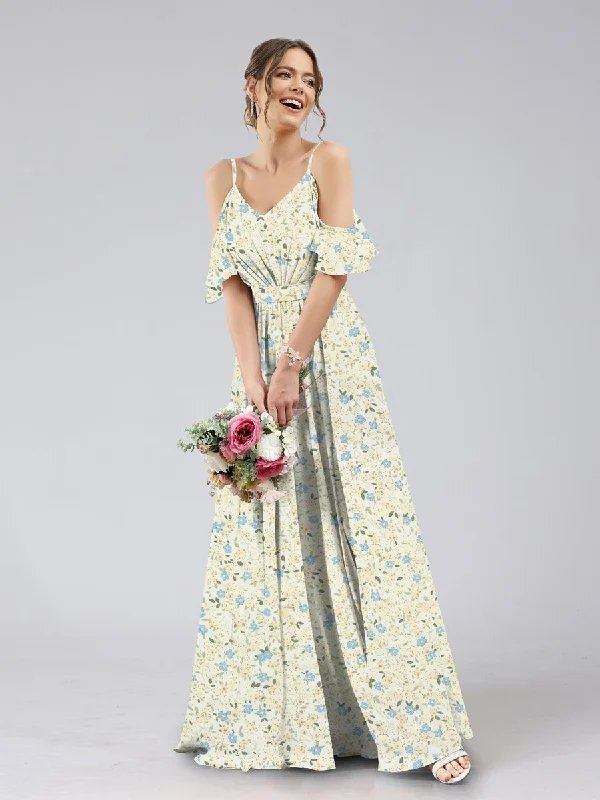 Bonus Savings A-Line/Princess Cold Shoulder Short Sleeves Ruched Floral Bridesmaid Dresses