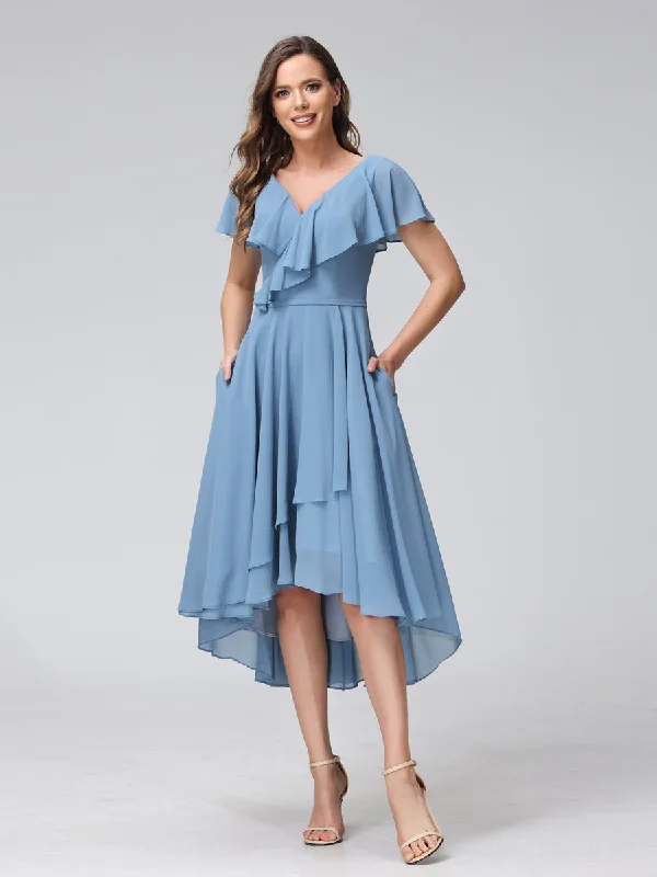 Early Access A-Line V-Neck Short Sleeves Asymmetrical Chiffon Bridesmaid Dresses With Pockets