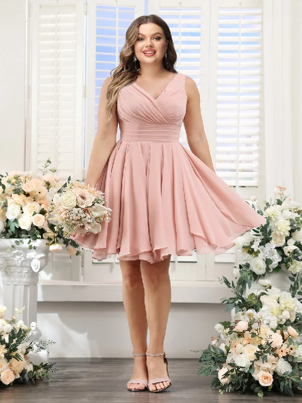 Limited Stock A-Line V-Neck Sleeveless Ruched Chiffon Short Plus Size Bridesmaid Dresses