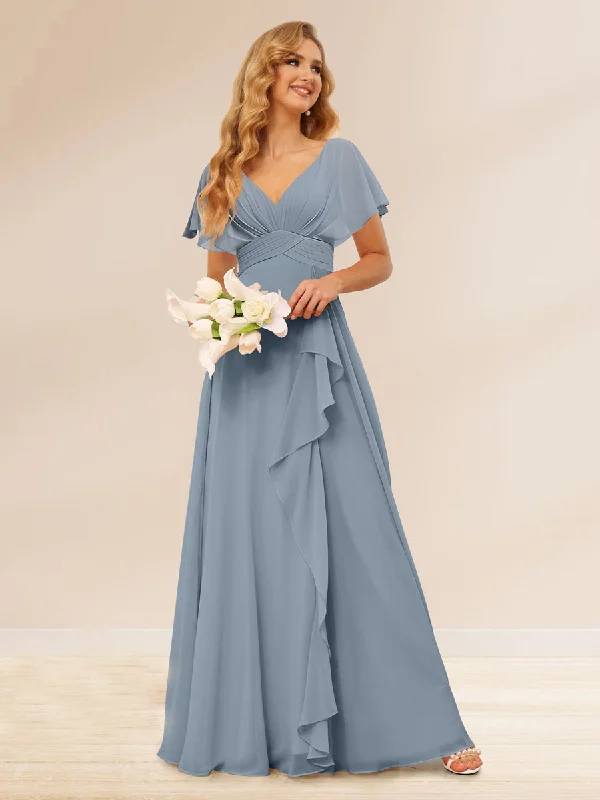 Early Bird Discount A-Line/Princess V-Neck Long Bridesmaid Dresses with Ruffles