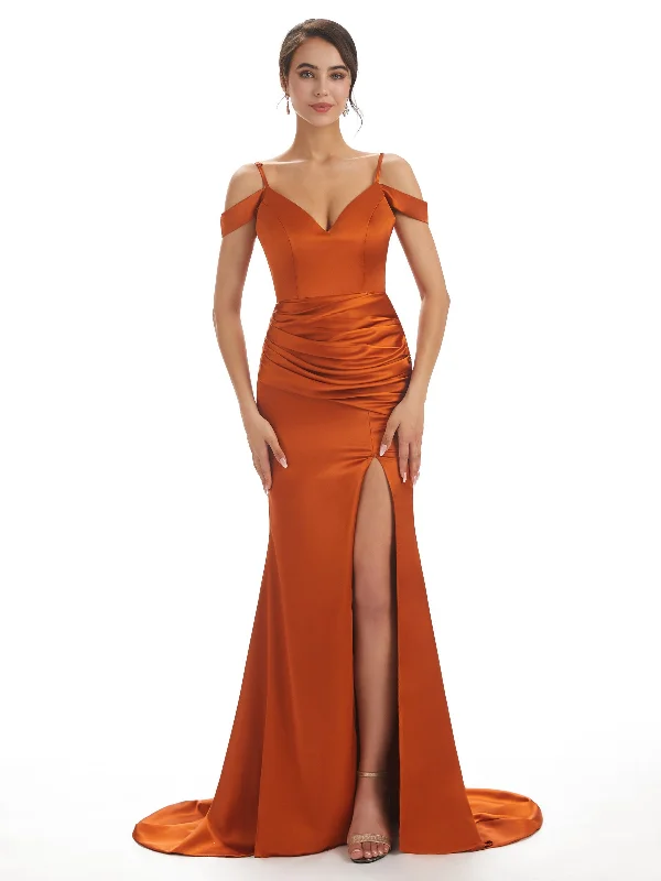 Year-End Sale Sexy Off The Shoulder Soft Satin Side Split Long Mermaid Bridesmaid Dresses For Wedding