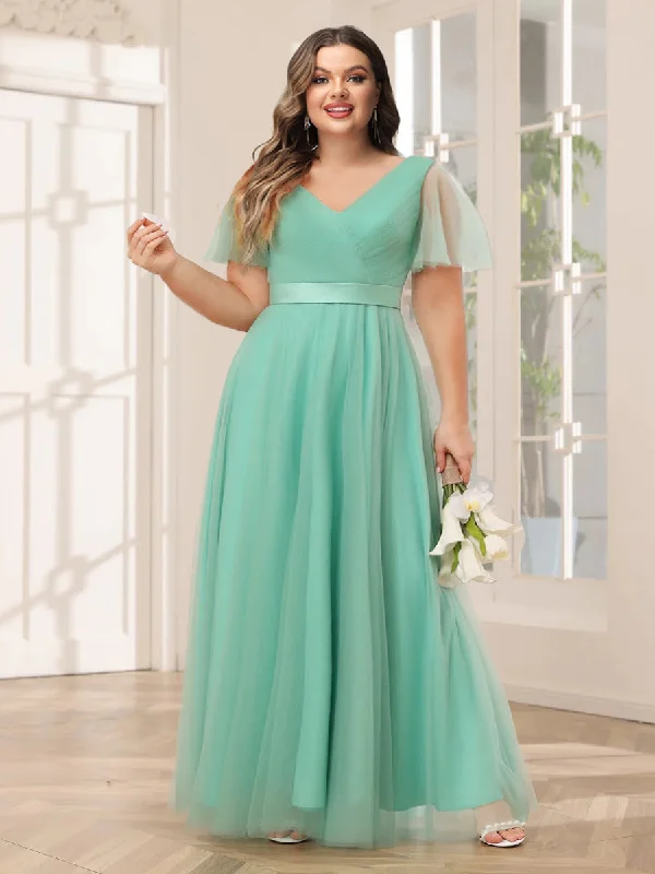Midnight Sale A-Line/Princess Tulle Long Plus Size Bridesmaid Dresses with Sleeves