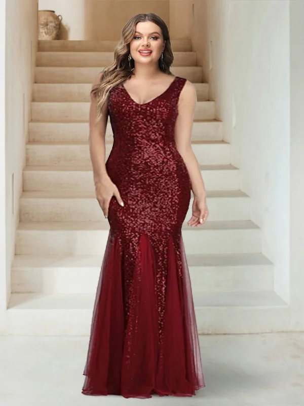 Special Savings Sparkly Trumpet/Mermaid V-Neck Sleeveless Floor-Length Plus Size Bridesmaid Dresses