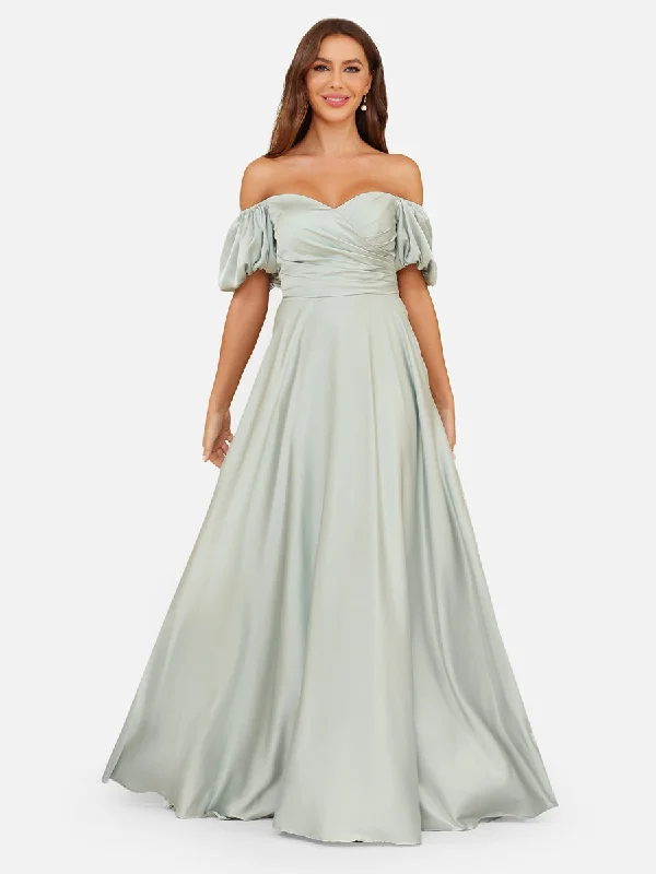 Stock Up and Save A-Line/Princess Off-the-Shoulder Puff Sleeves Evening Dresses with Ruched