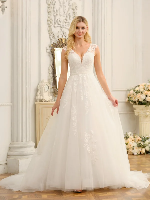 Price Rollback V-Neck Sleeveless Long Wedding Dresses with Appliques & Beading