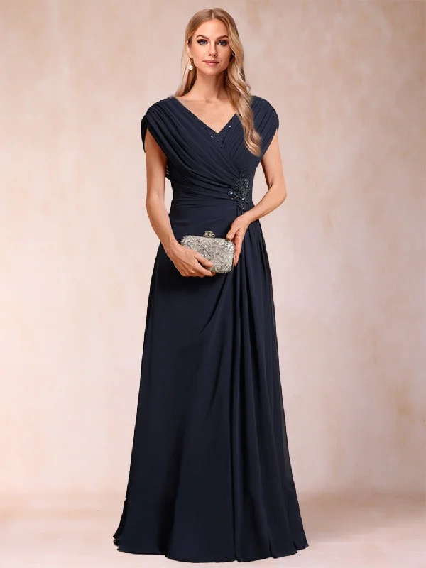 Warehouse Sale A-Line/Princess V-Neck Chiffon Ruched Mother of the Bride Dresses with Appliques & Beading
