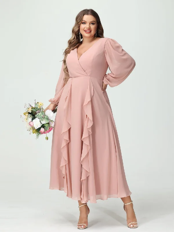 Today’s Deal A-Line/Princess V-Neck Long Sleeves Chiffon Tea-Length Ruffles Plus Size Bridesmaid Dresses with Pockets