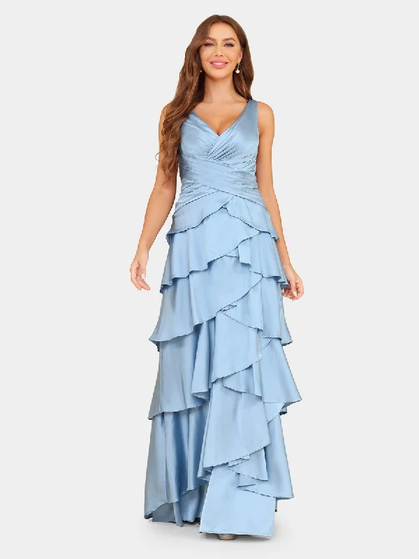 Major Savings A-Line/Princess V-Neck Sleeveless Evening Dresses with Ruffles