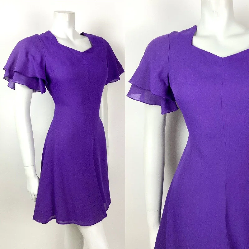 Now or Never VINTAGE 60s 70s VIOLET PURPLE FLUTTER SLEEVE FLOATY SHORT DRESS 8