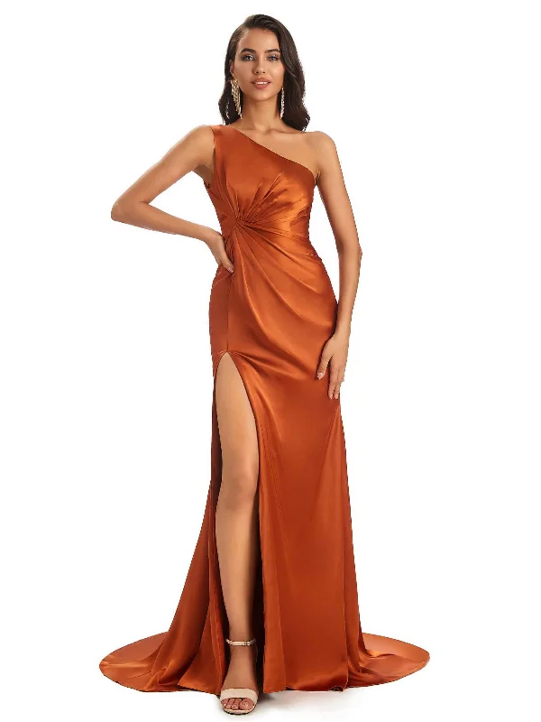 Great Deals Sexy Soft Satin One Shoulder Side-Slit Floor-Length Mermaid Bridesmaid Dresses For Wedding