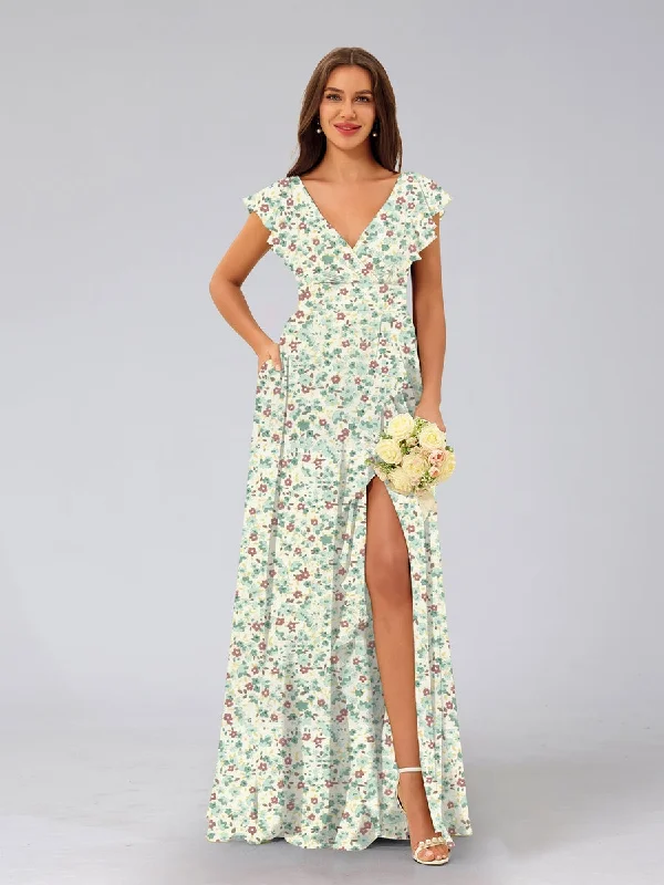 Shop and Save A-Line/Princess V-Neck Sleeveless Split Side Floral Bridesmaid Dresses