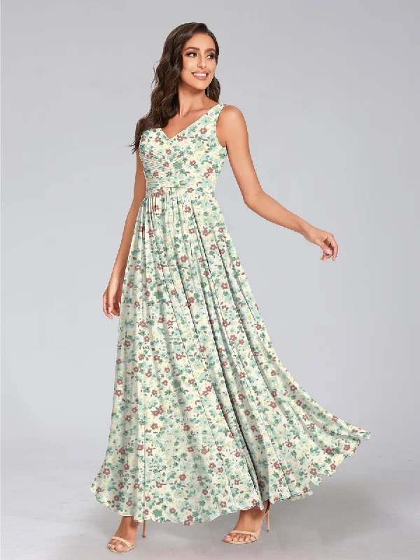 Early Access A-Line/Princess V-Neck Sleeveless Ruched Floral Bridesmaid Dresses