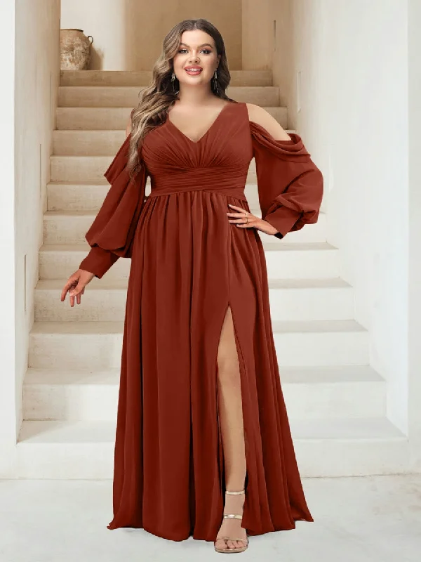 Super Sale A-Line V-Neck Long Sleeves Plus Size Bridesmaid Dresses with Split
