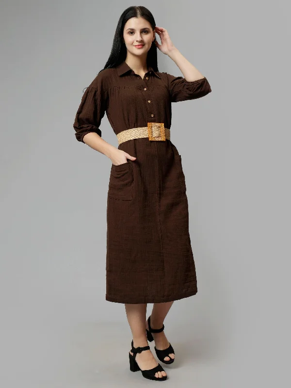 Super Deal Women's Brown Cotton Solid A-Line Midi Dress - Casual Three-Quarter Sleeves Button Closure