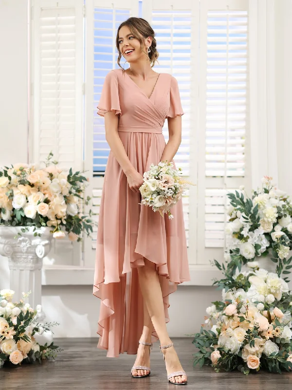 Online Only A-Line V-Neck Short Sleeves Ruched Asymmetrical Chiffon Bridesmaid Dresses