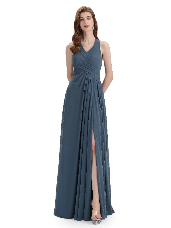 Best Deals Elegant V-neck Side Slit Floor Length Bridesmaid Dresses