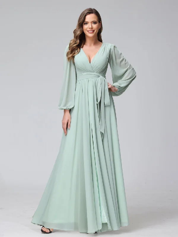Customer Appreciation Sale A-Line V-Neck Long Sleeves Chiffon Long Bridesmaid Dresses With Ruffles Split Side