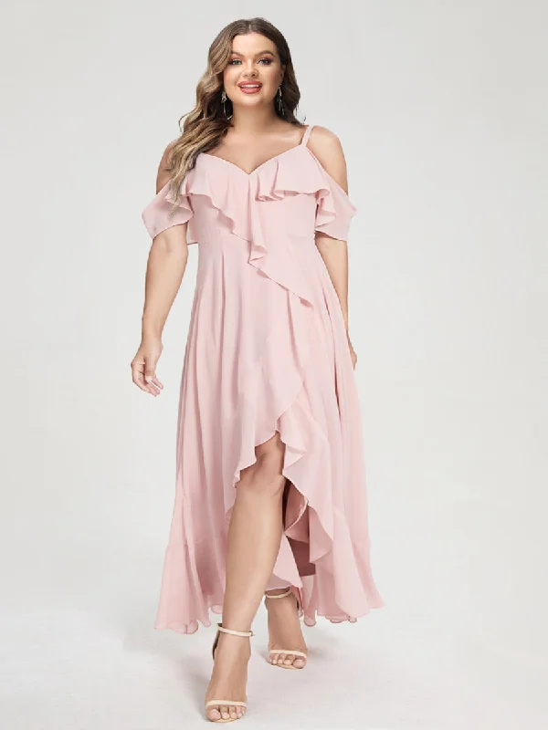 Unmissable Offer A-Line/Princess Chiffon Spaghetti Straps V-Neck Short Sleeves With Ruffles Asymmetrical Plus Size Bridesmaid Dresses