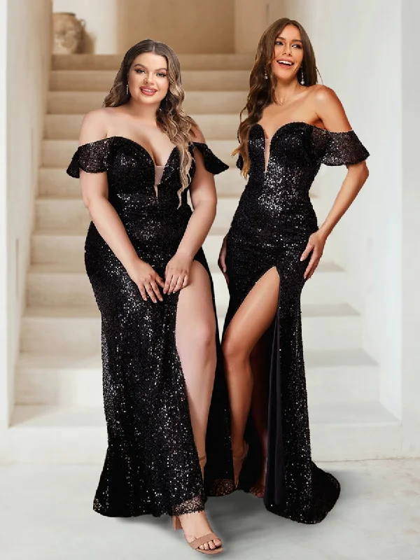 Deal Dash Sheath/Column Off-the-Shoulder Sequined Plus Size Bridesmaid Dresses with Split Side