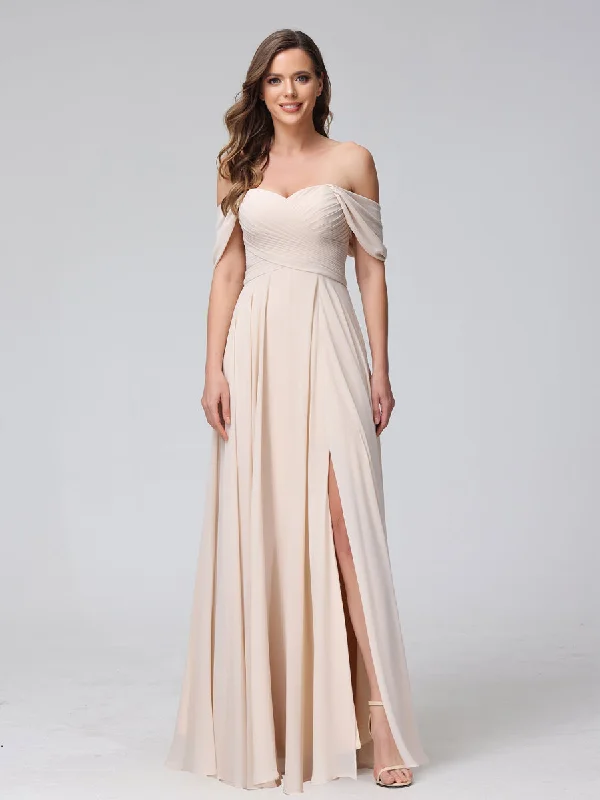 YEAR-End Sale A-Line Off-the-Shoulder Sleeveless Ruched Long Chiffon Bridesmaid Dresses with Split Side