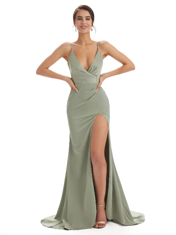 Sneak Peek Sale Sexy Soft Satin Side Slit Spaghetti Straps V-neck Long Mermaid Bridesmaid Dresses For Wedding