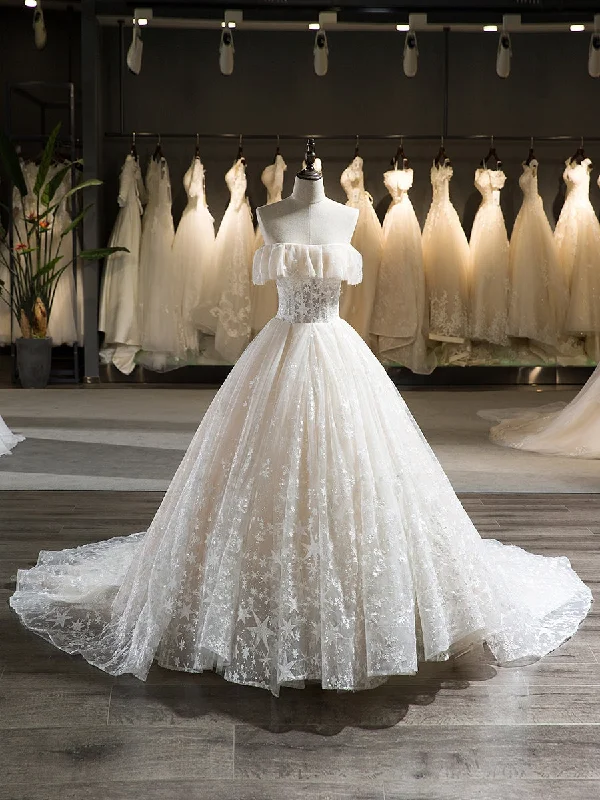 TIME-Limited Offer Sleeveless Tulle Strapless Court Train With Ruffle Star Ball Gown Wedding Dresses