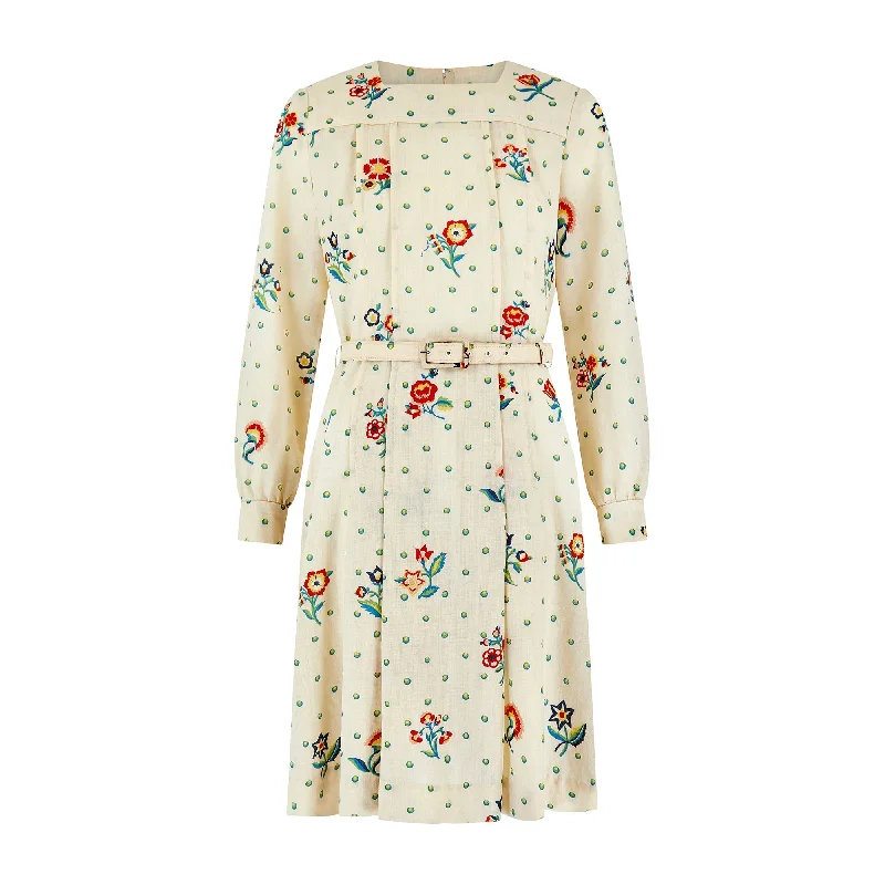 Warehouse Sale 1970s Hildebrand Cream Wool Floral Liberty Print Dress