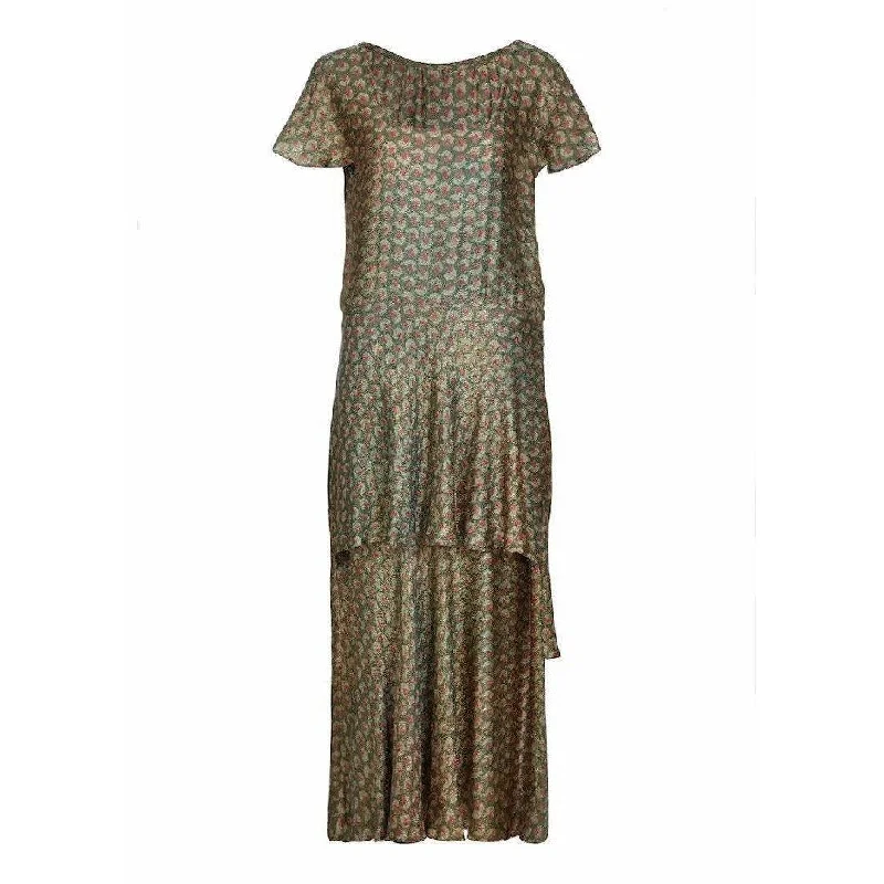 Shop and Save 1920s Green Lame Tiered Deco Print Dress