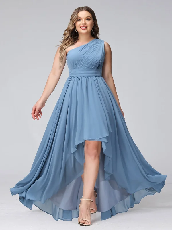Deep Discounts A-Line One-Shoulder Sleeveless Chiffon High Low Plus Size Bridesmaid Dresses with Pockets