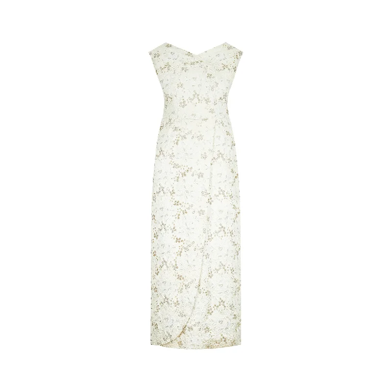 Exclusive Offers 1960s White Floral Embroidered Brocade Column Dress