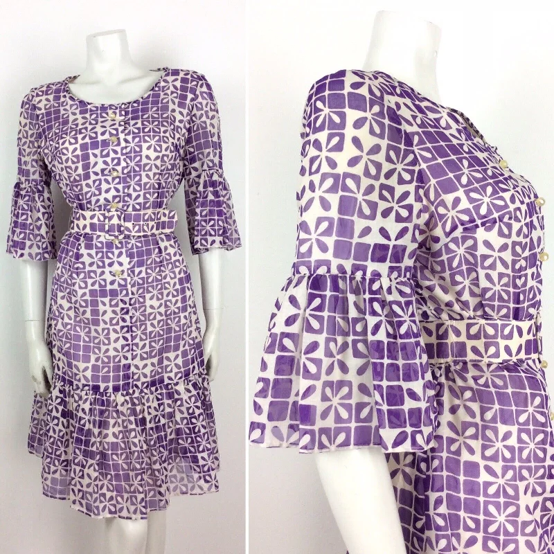 Don't Wait 60S 70S VTG WHITE PURPLE GEOMETRIC FLOWER BELL SLEEVE BELT DRESS 12 14