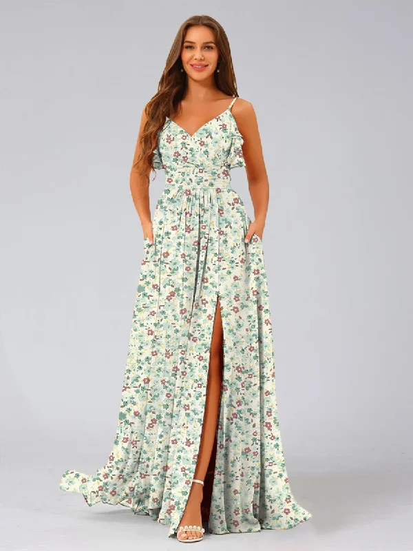 Take Advantage A-Line/Princess V-Neck Sleeveless Ruffles Floral Bridesmaid Dresses