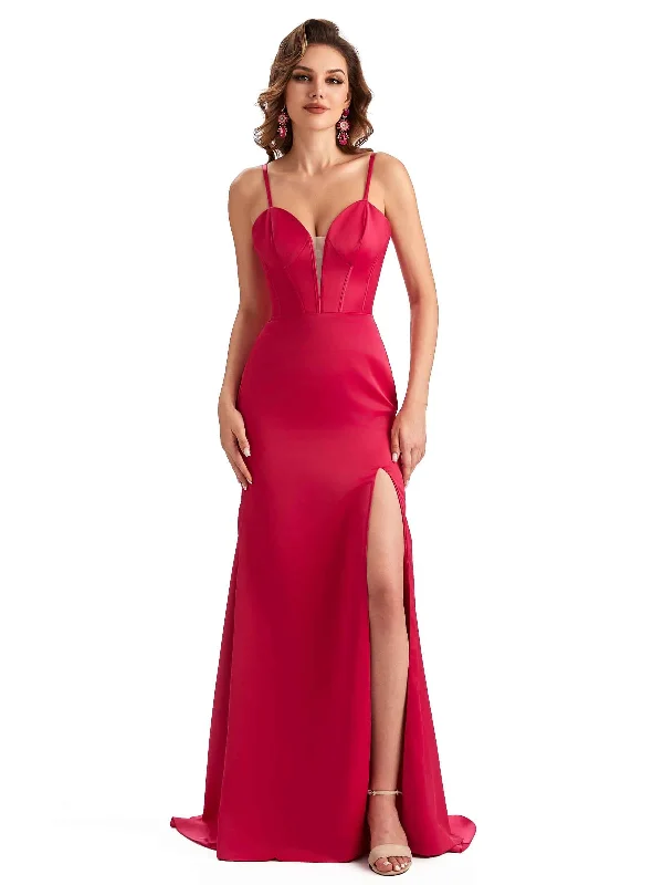 Act Fast Sexy Side Slit Spaghetti Straps Mermaid Unique Long Satin Dresses For Bridesmaid